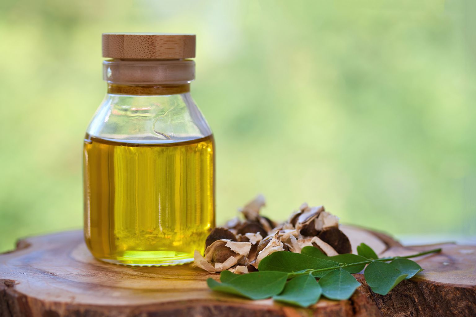 Aceite de moringa en frasco de vidrio con hojas y productos cosméticos naturales