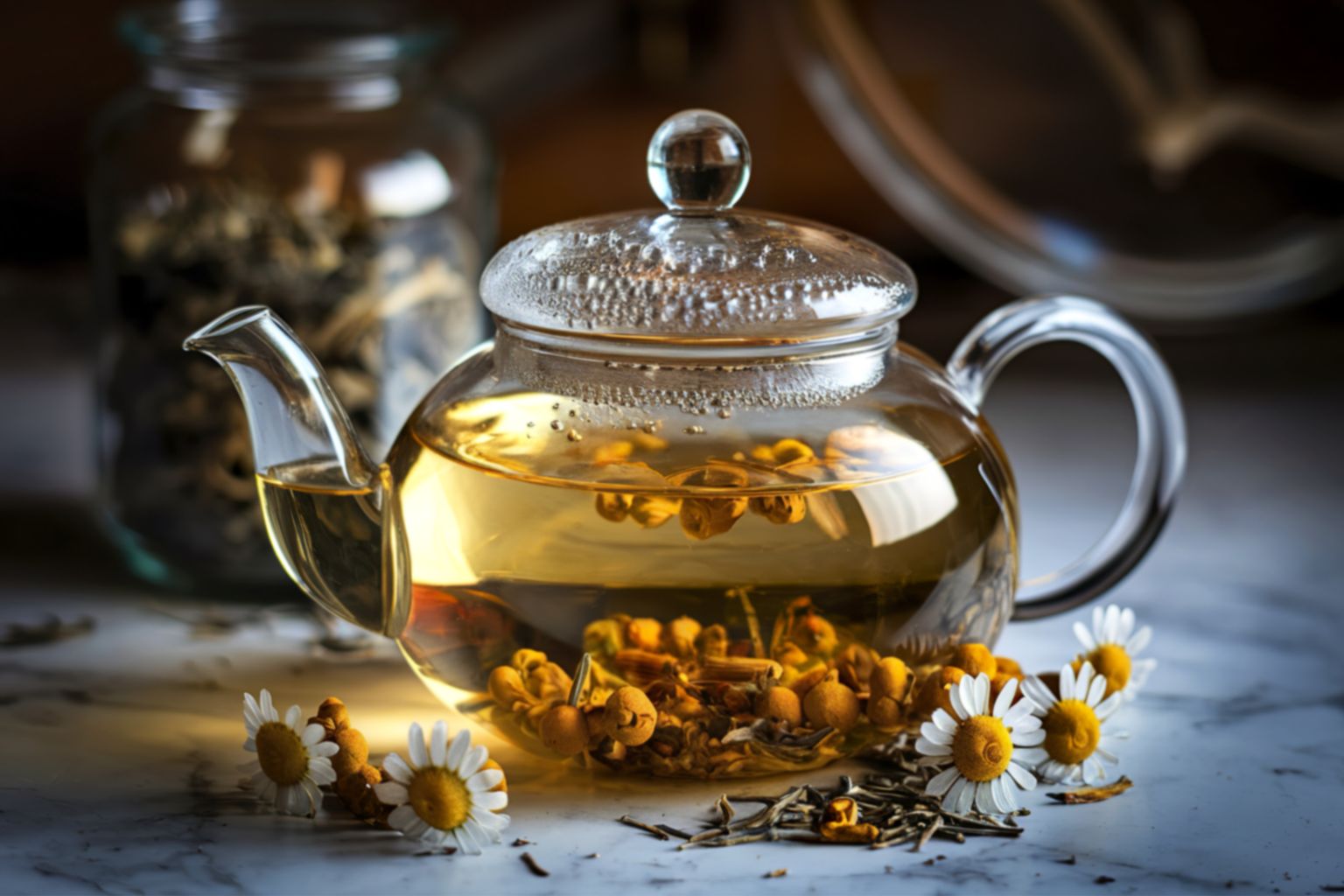 Infusión de manzanilla en taza con flores secas mostrando sus diversos usos tradicionales