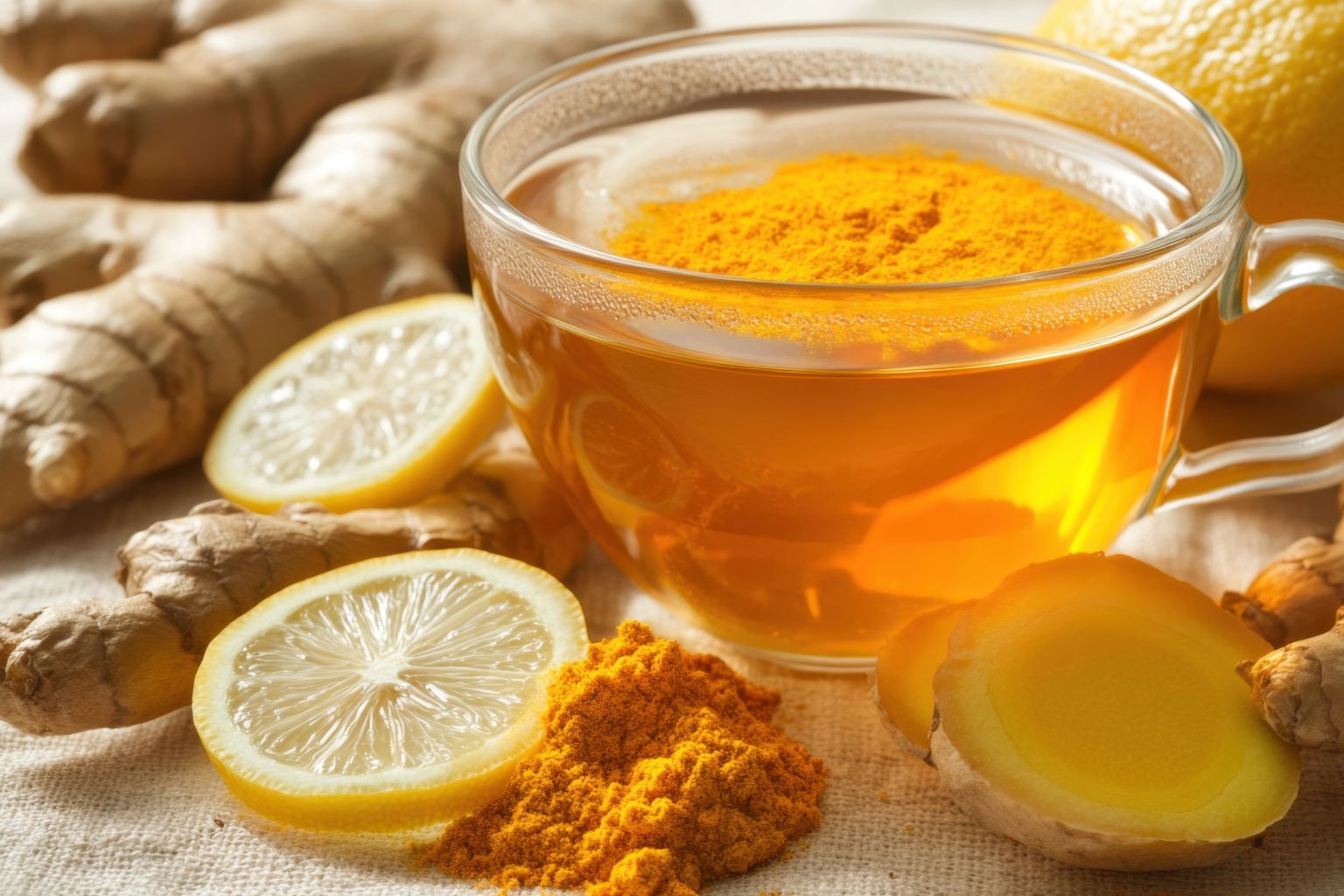 Té de cúrcuma caliente con especias en taza tradicional