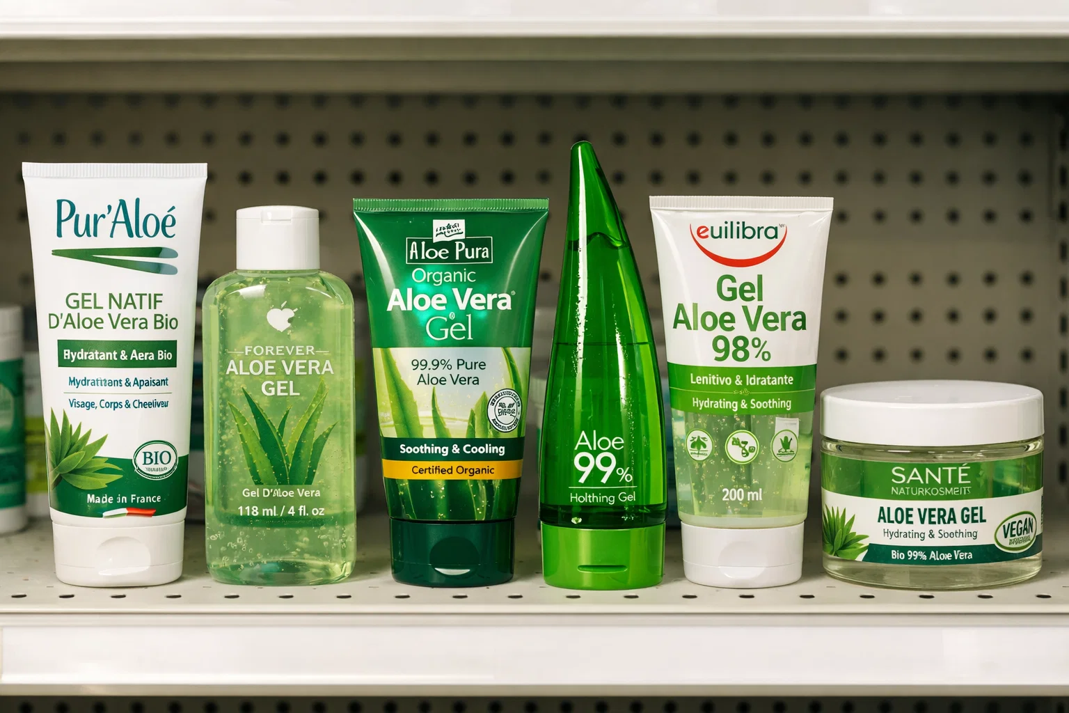 Comparación de productos de gel de aloe vera puro y formulado en farmacia mexicana