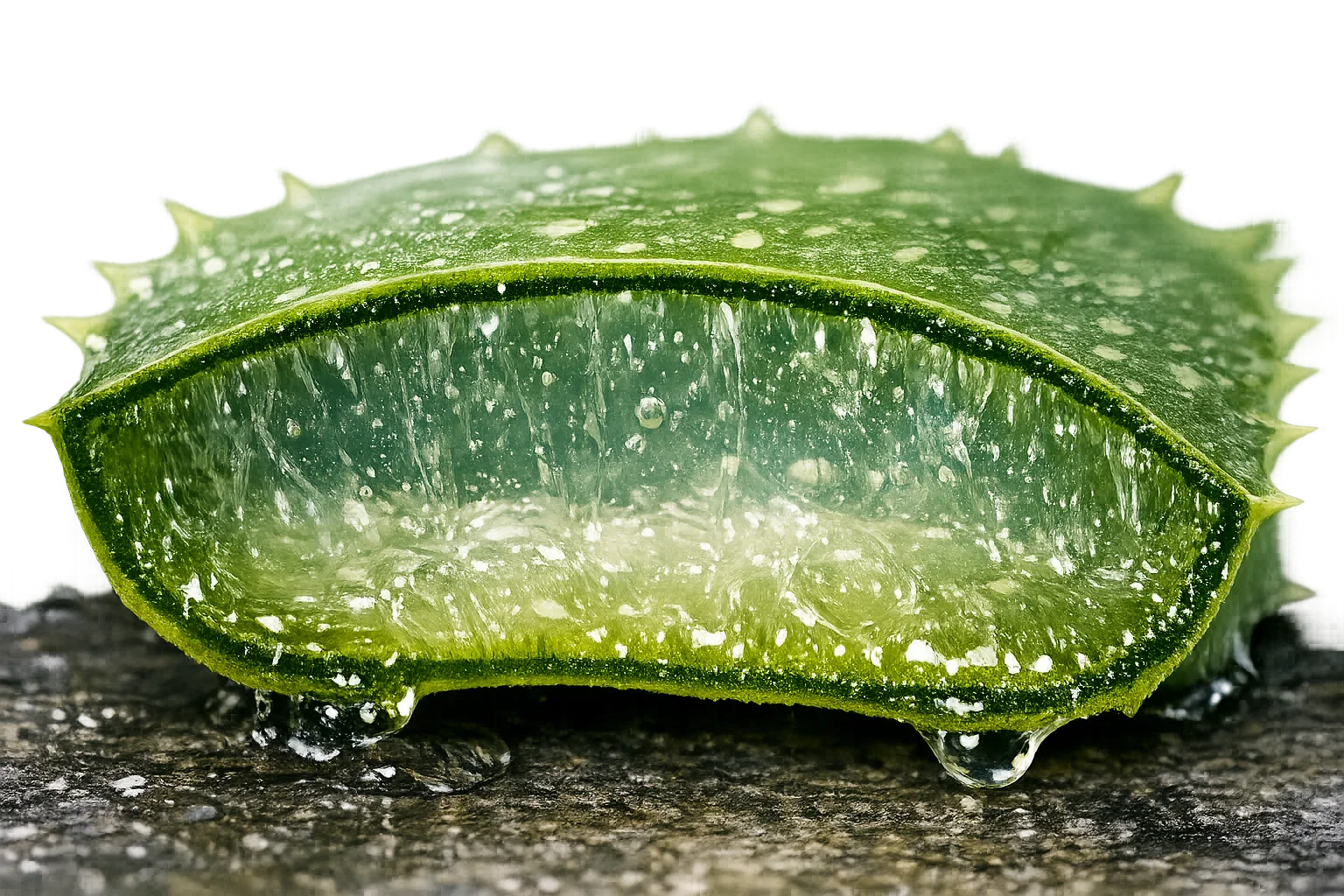 Corte transversal de hoja de aloe vera mostrando gel transparente y componentes activos