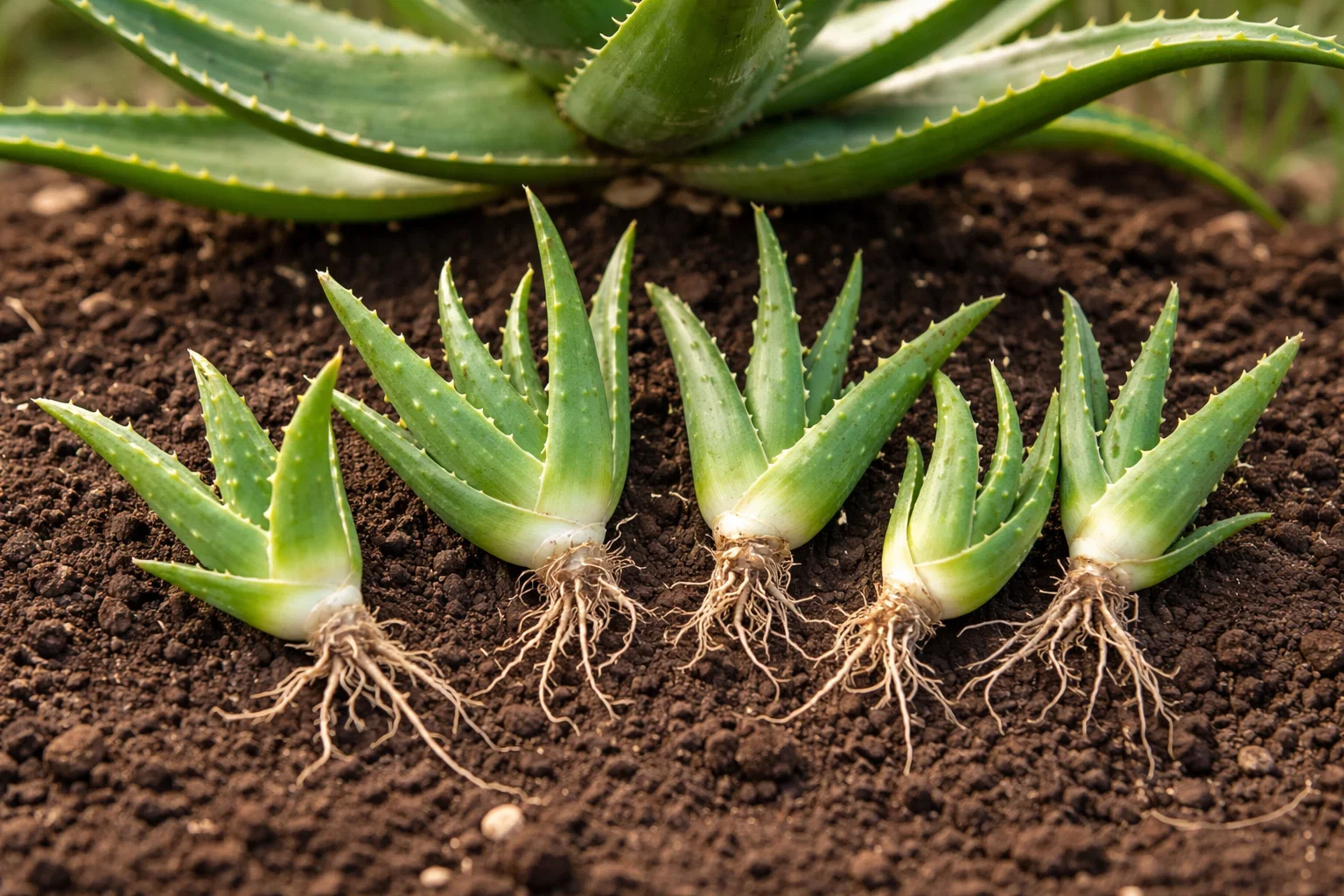 Hijuelos de aloe vera separados de planta madre listos para propagación