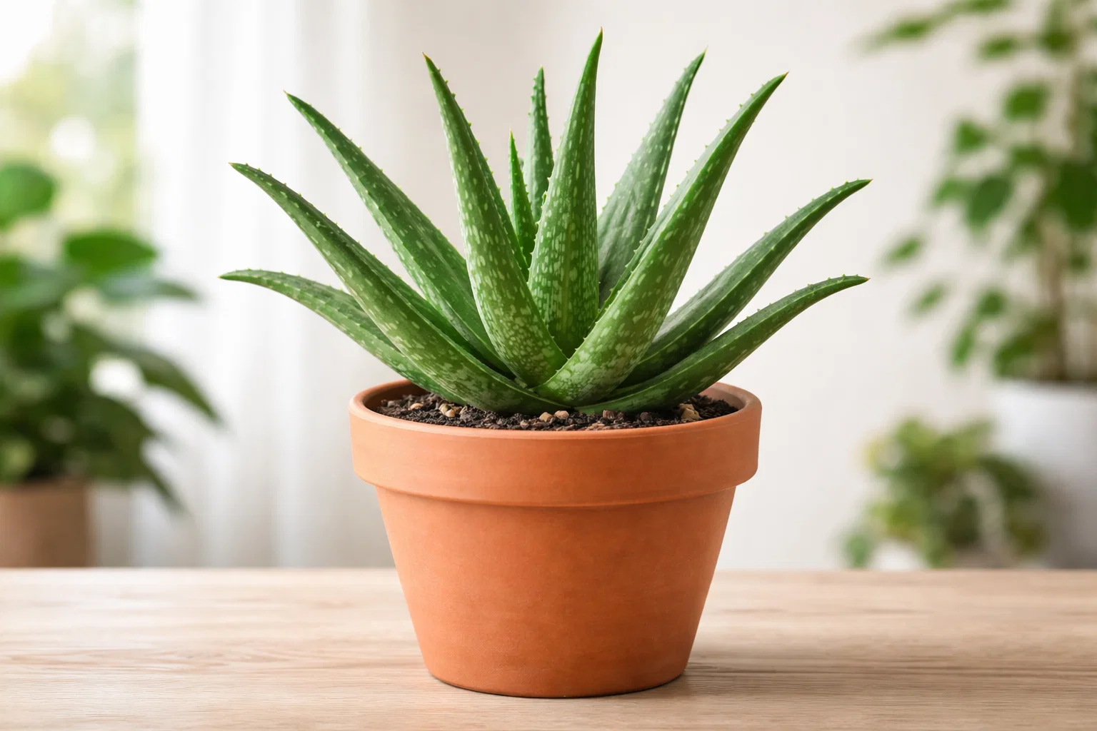 Planta de aloe vera saludable en maceta de barro con hojas carnosas y verdes
