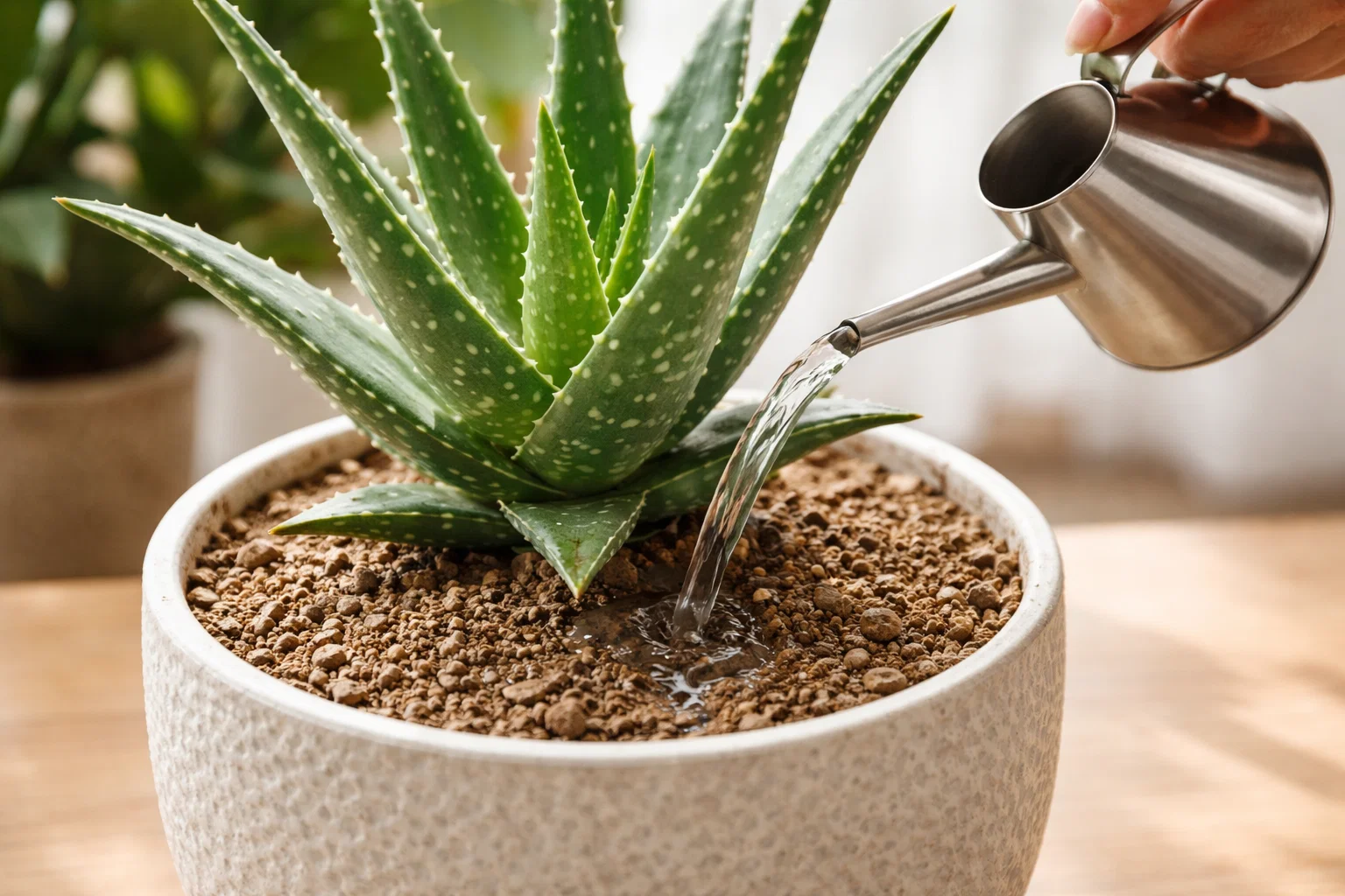 Riego moderado de planta de aloe vera con sustrato seco entre riegos